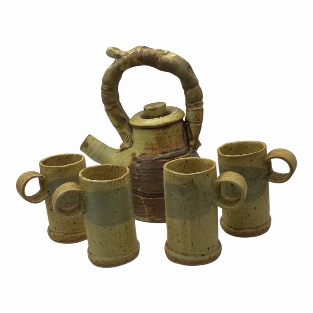 Handmade Studio Pottery Tea Set Teapot + 4 Cups Rustic Ceramic Radca Ohio